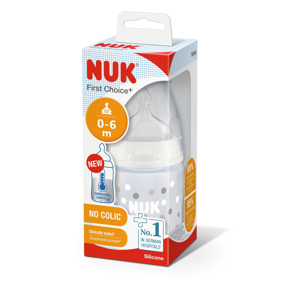 NUK FC+ LUTIPUDEL (LATEKS) 0-6K TEMP.NÄIDIKUGA 150ML - Tootepilt