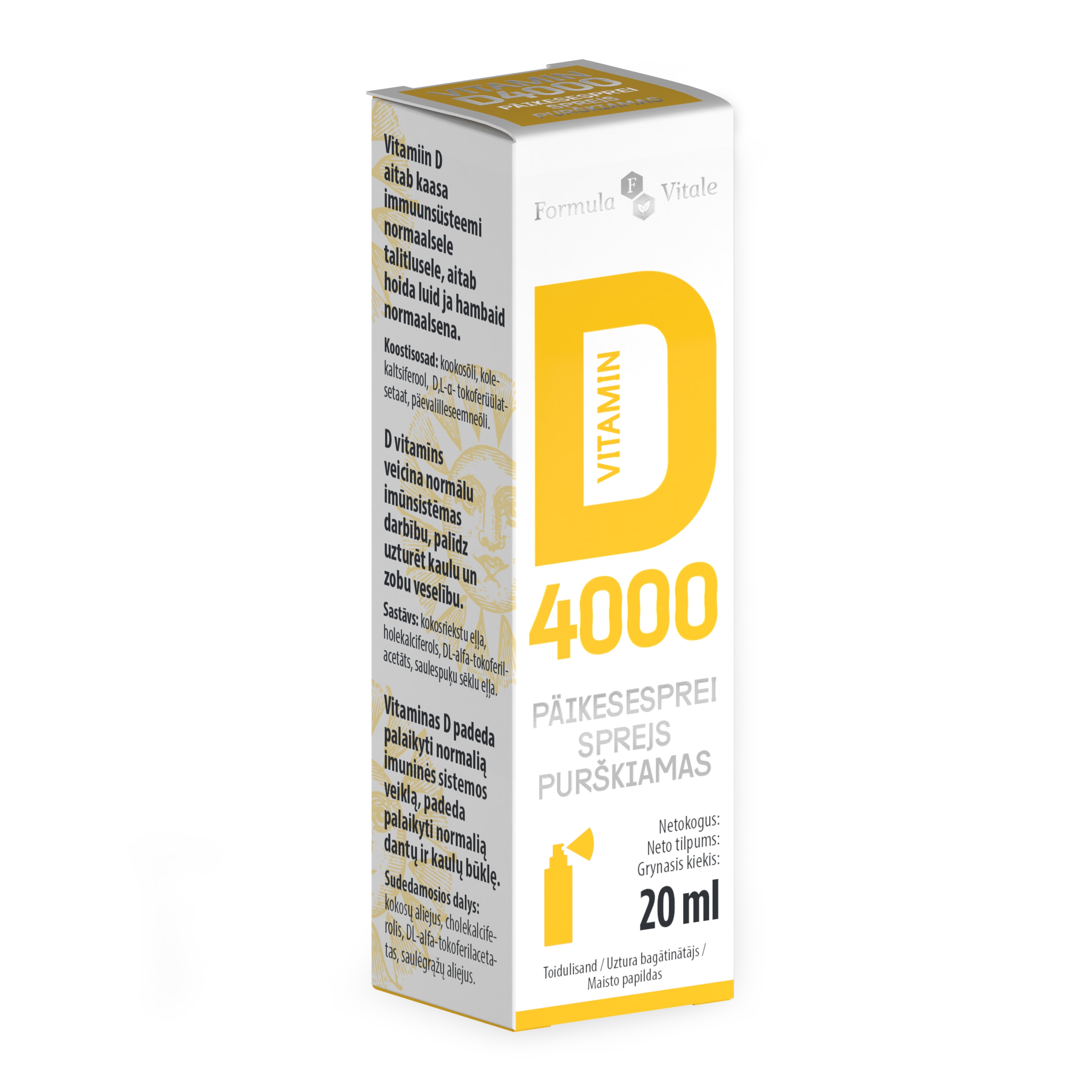 FORMULA VITALE D-VIT PÄIKESESPREI 4000IU 20ML - Tootepilt 