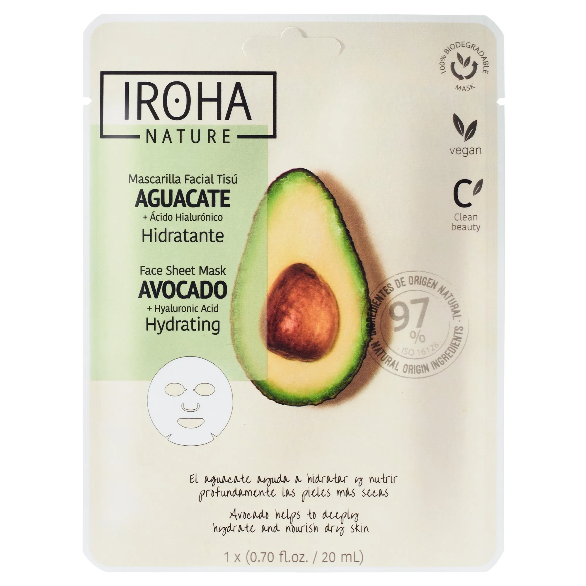 IROHA NATURE KANGASMASK NIISUTAV AVOKAADO JA HÜALUROONHAPPEGA N1 - Tootepilt 