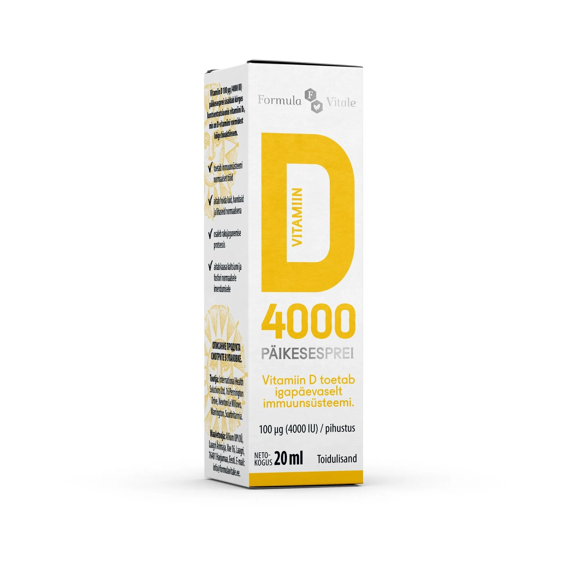 FORMULA VITALE D-VIT PÄIKESESPREI 4000IU 20ML - Tootepilt 