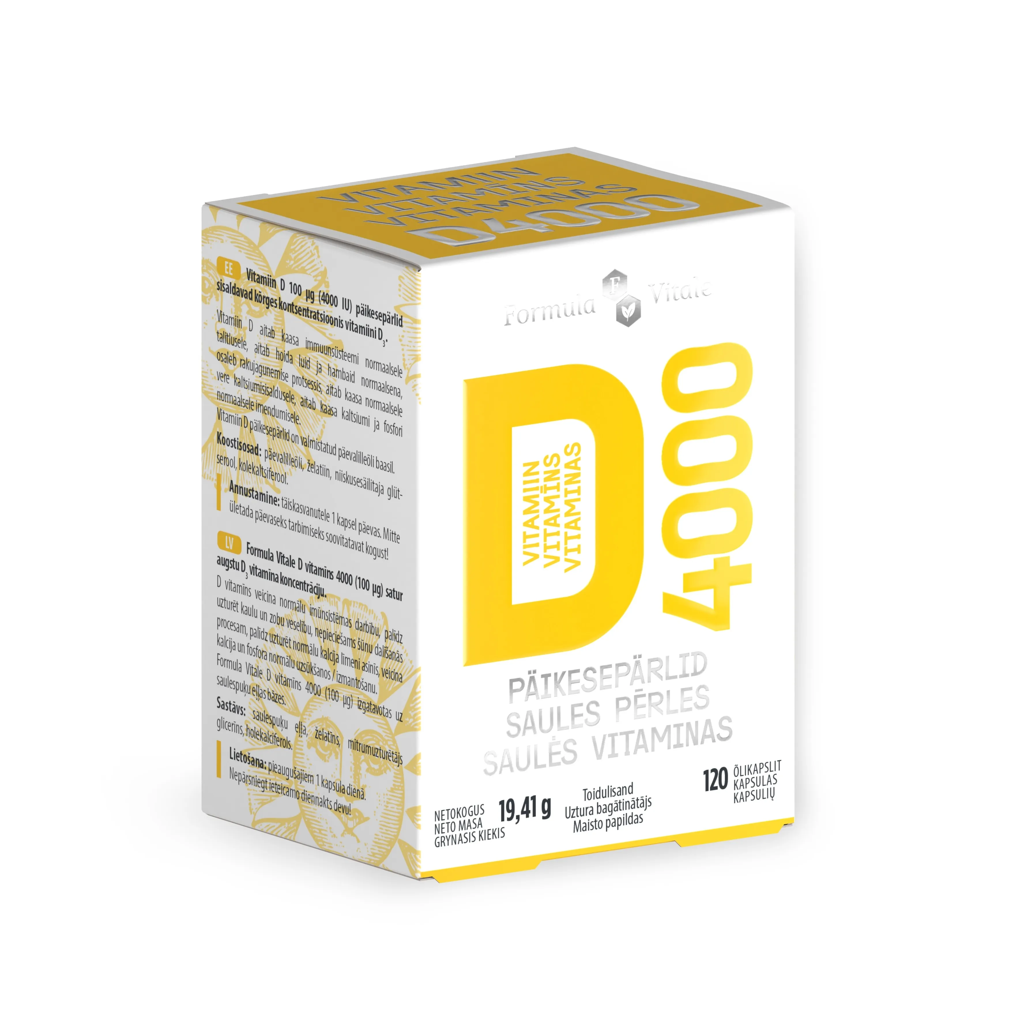 FORMULA VITALE D-VIT PÄIKESEPÄRLID 4000IU N120 - Tootepilt 