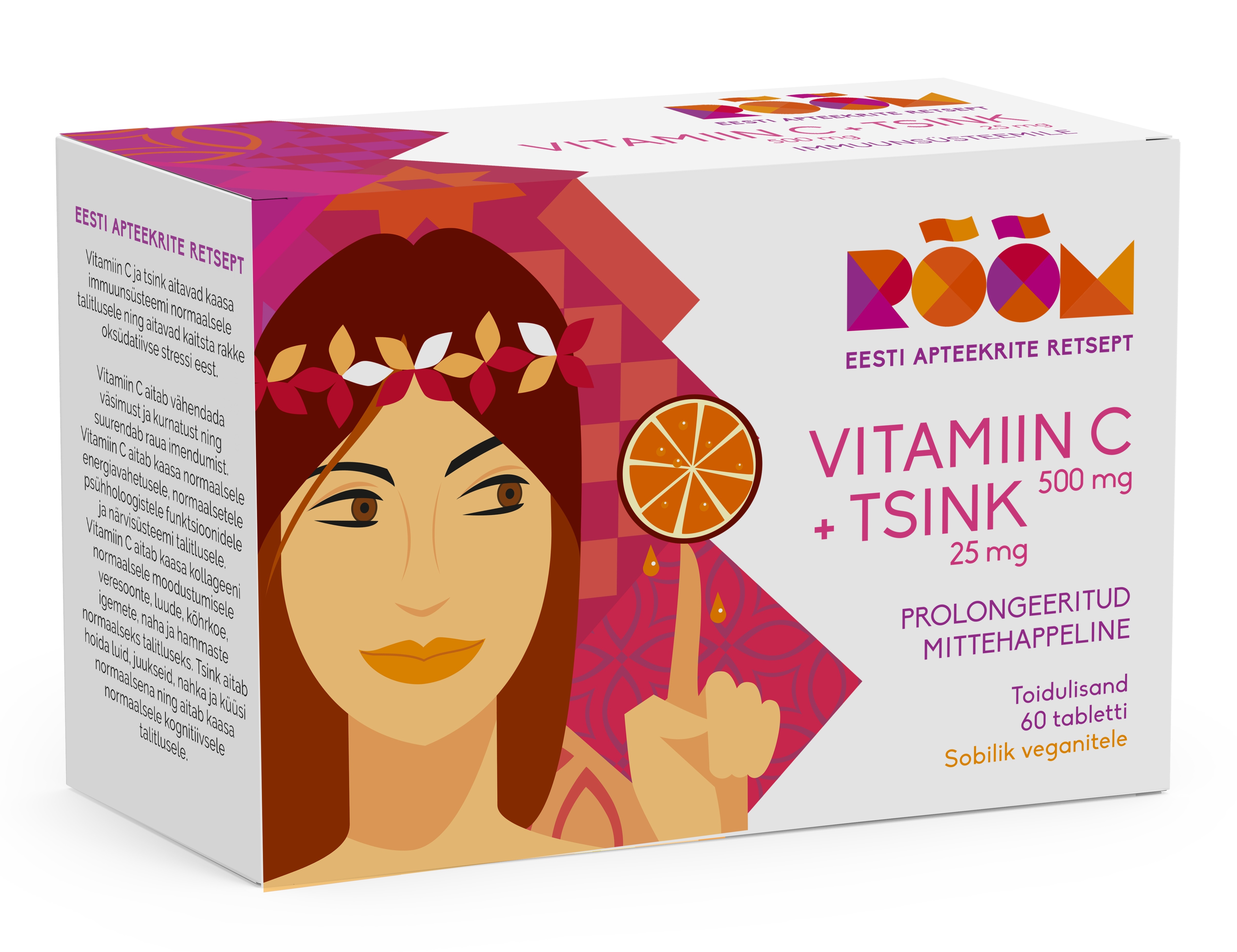 RÕÕM VITAMIIN C 500 MG + TSINK 25 MG PROLONGEERITUD TBL N60 - Tootepilt 